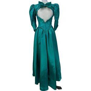 Vintage 80s Union Made Green Teal Special Occasion Prom Satin Midi Dress Size XS